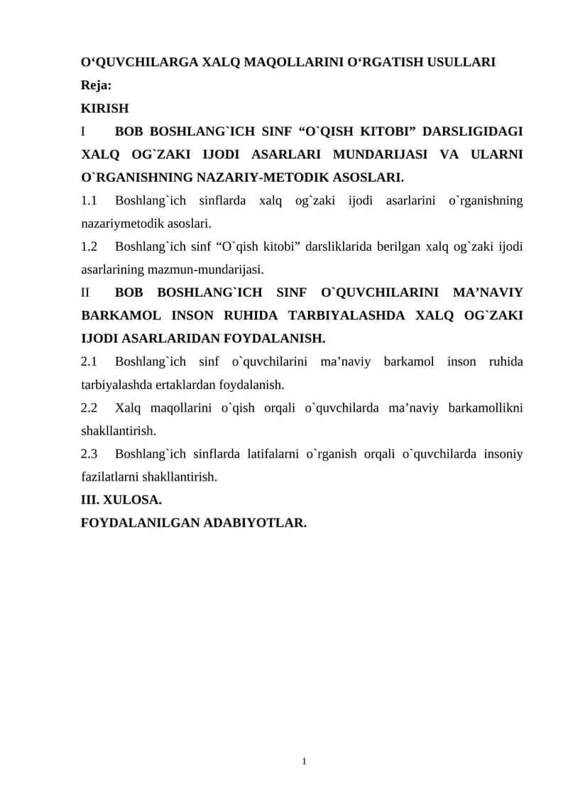 O‘QUVCHILARGA XALQ MAQOLLARINI O‘RGATISH USULLARI 1