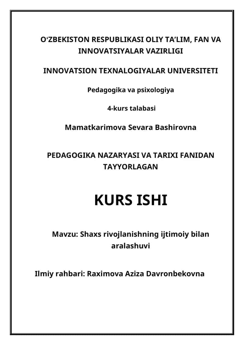 PEDAGOGIKA NAZARYASI VA TARIXI FANIDAN TAYYORLAGAN KURS ISHI 1