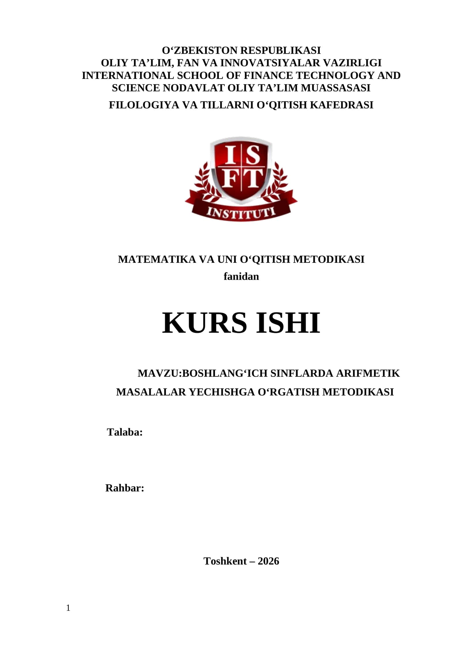 BOSHLANG‘ICH SINFLARDA ARIFMETIK MASALALAR YECHISHGA O‘RGATISH METODIKASI 1