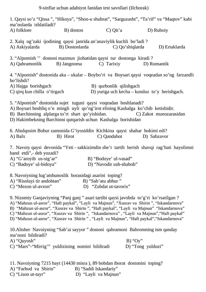 9-sinflar uchun adabiyot fanidan test savollari (II chorak) 1