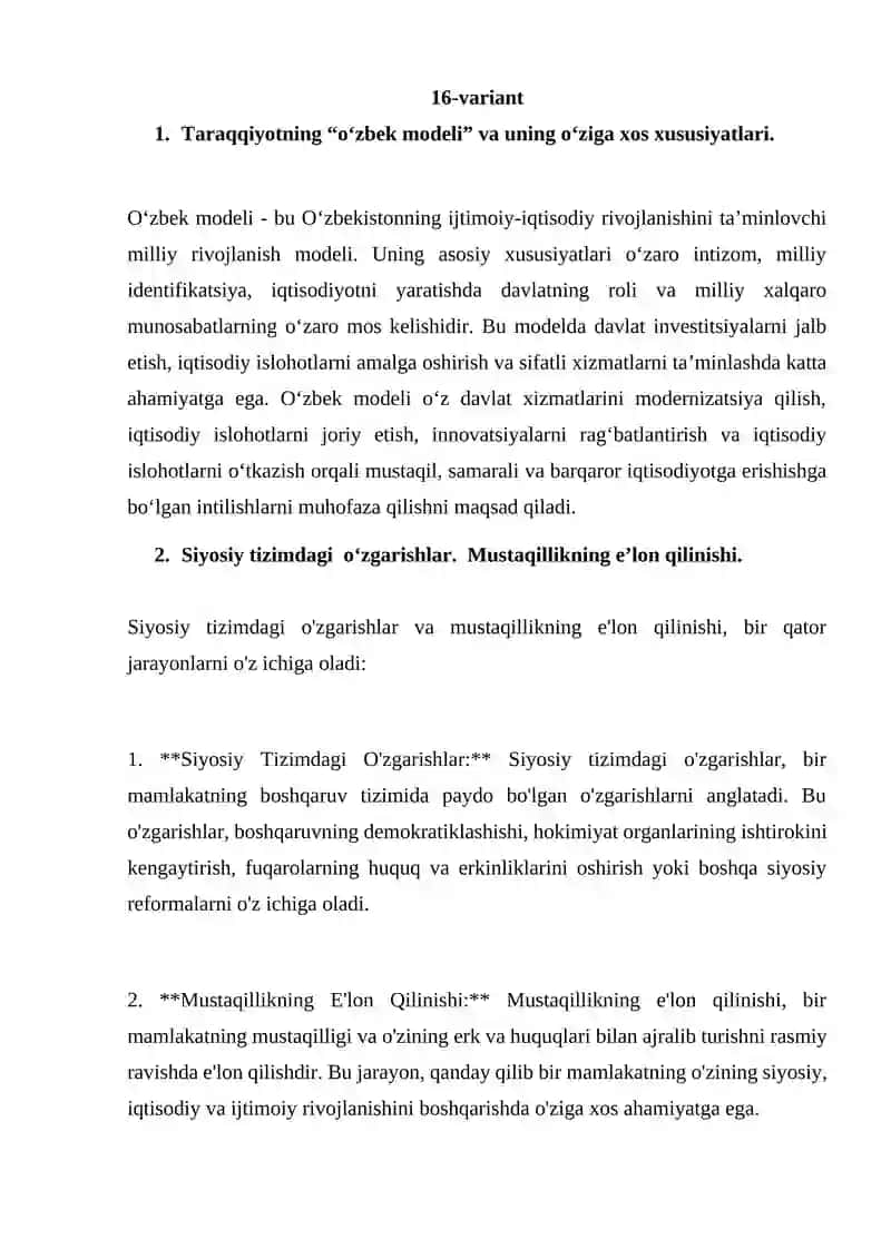 O‘zbek modeli va Mustaqillikning eʼlon qilinishi