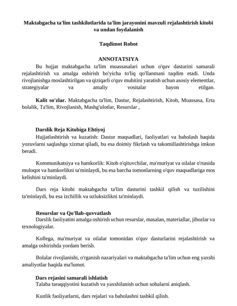 Maktabgacha ta'lim tashkilotlarida ta'lim jarayonini mavzuli rejalashtirish kitobi 1