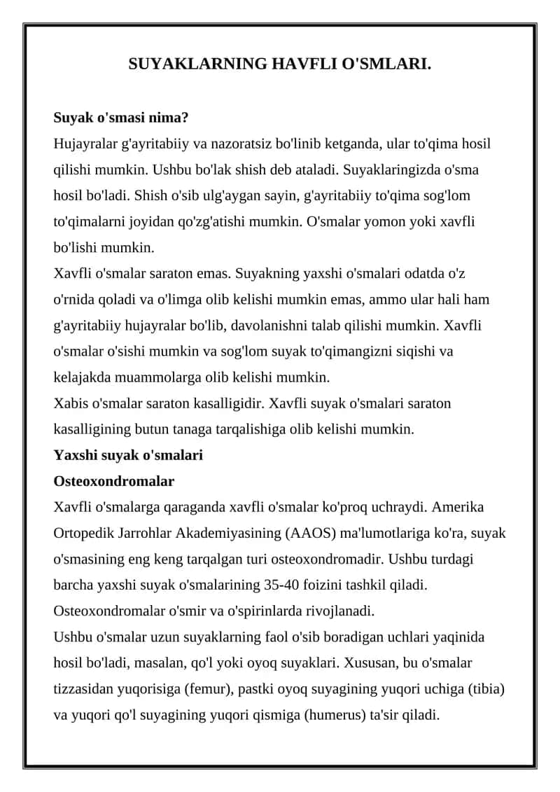 Suyaklarning havfli o'smlari 1