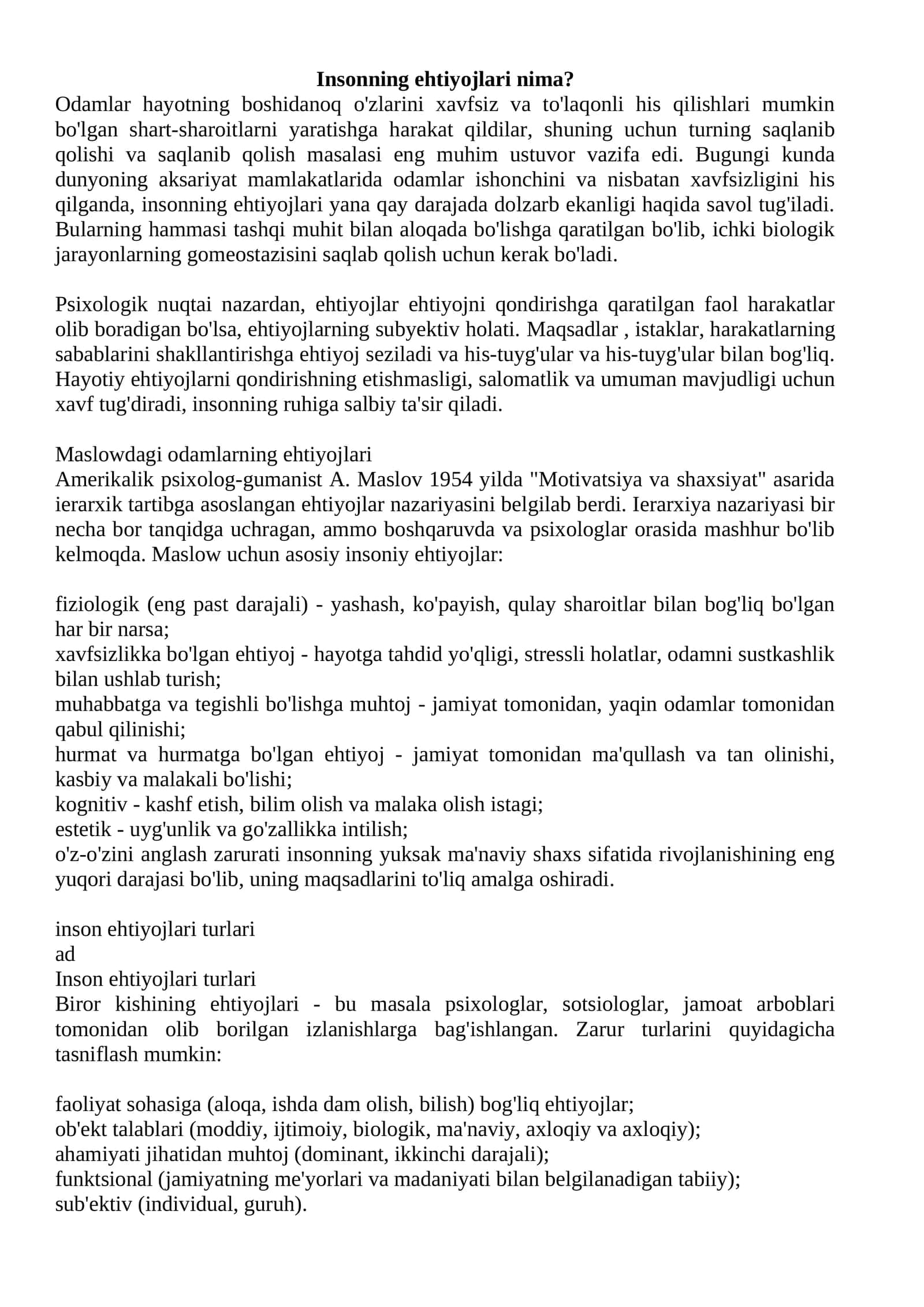 Maslowdagi odamlarning ehtiyojlari 1