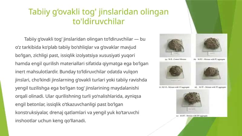 Tabiiy g‘ovakli tog' jinslaridan olingan to'ldiruvchilar 1