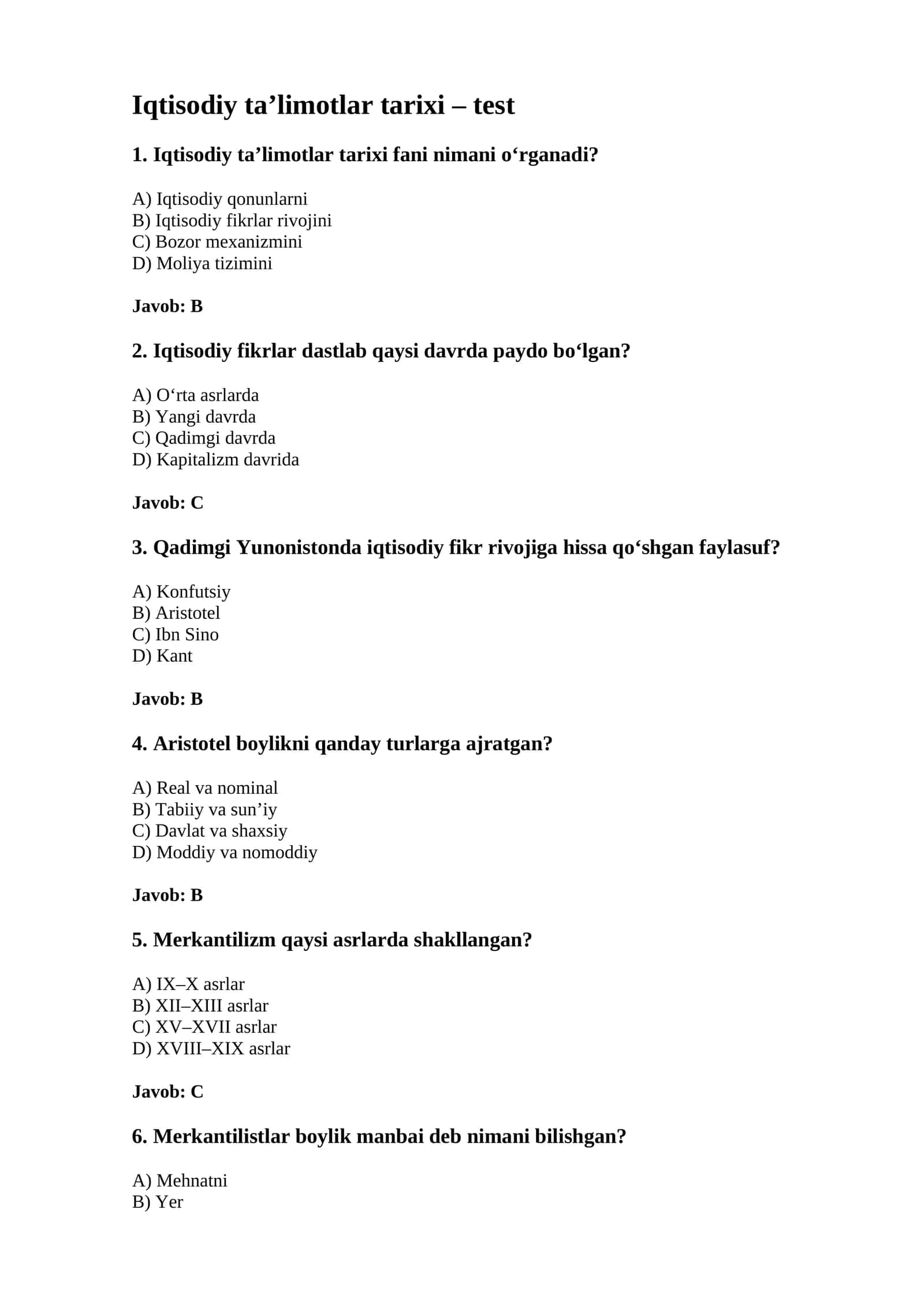 Iqtisodiy ta’limotlar tarixi – test 1