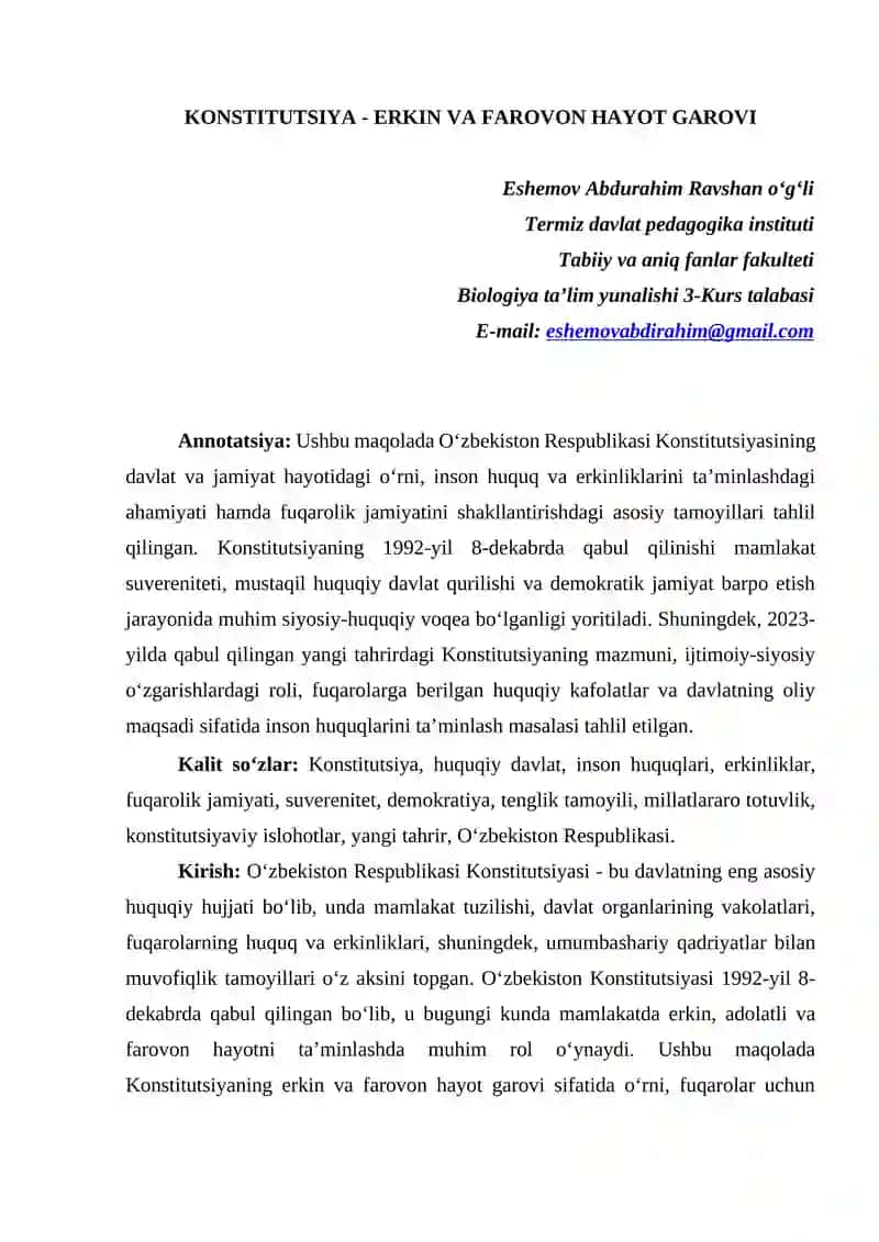 KONSTITUTSIYA - ERKIN VA FAROVON HAYOT GAROVI