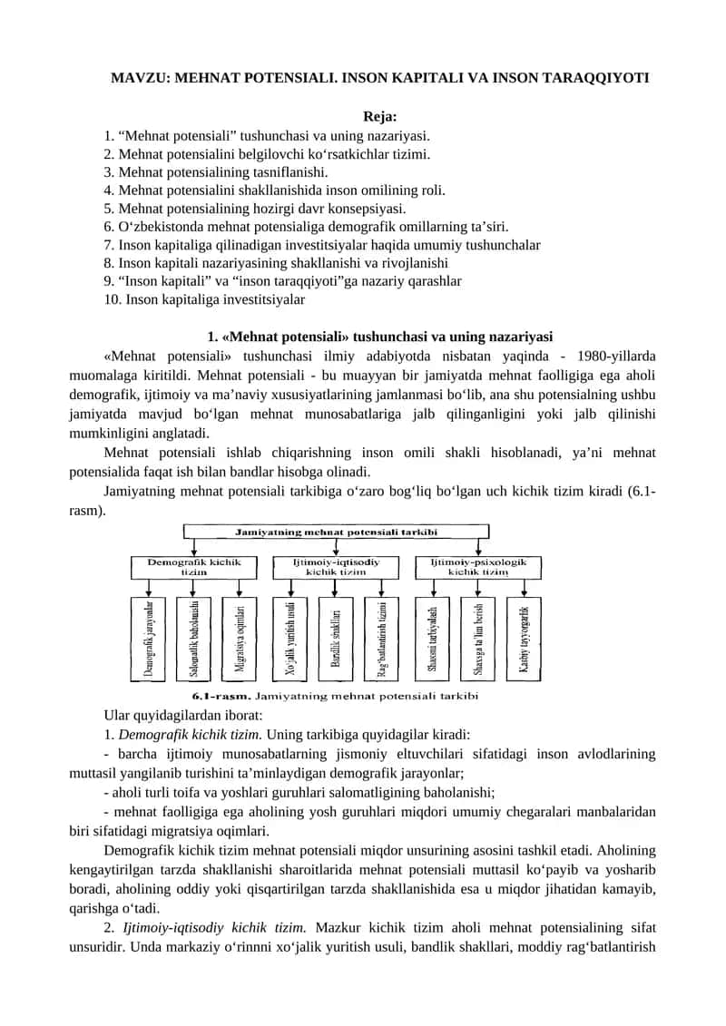 Mehnat Potensiali. Inson Kapitali va Inson Taraqqiyoti 1