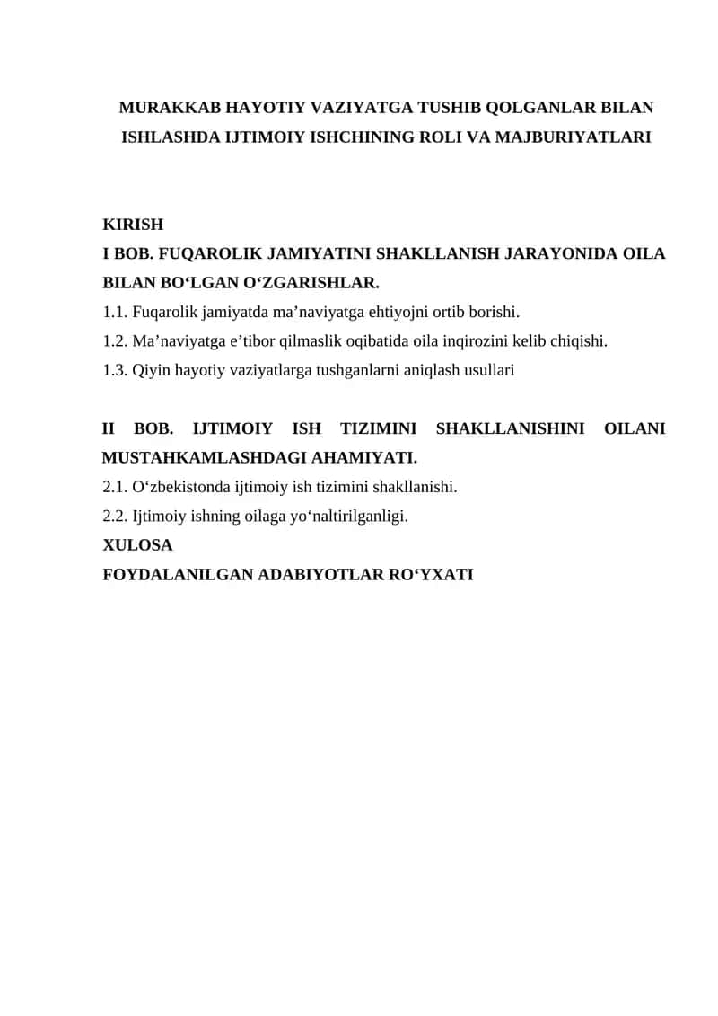 MURAKKAB HAYOTIY VAZIYATGA TUSHIB QOLGANLAR BILAN ISHLASHDA IJTIMOIY ISHCHINING ROLI VA MAJBURIYATLARI 1