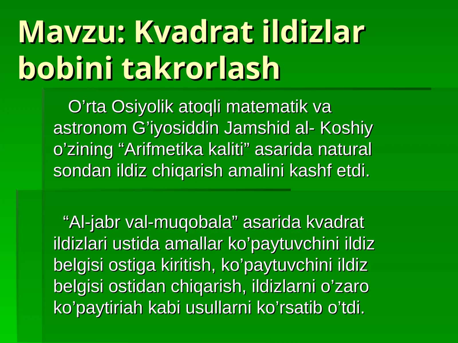Kvadrat ildizlar bobini takrorlash 1