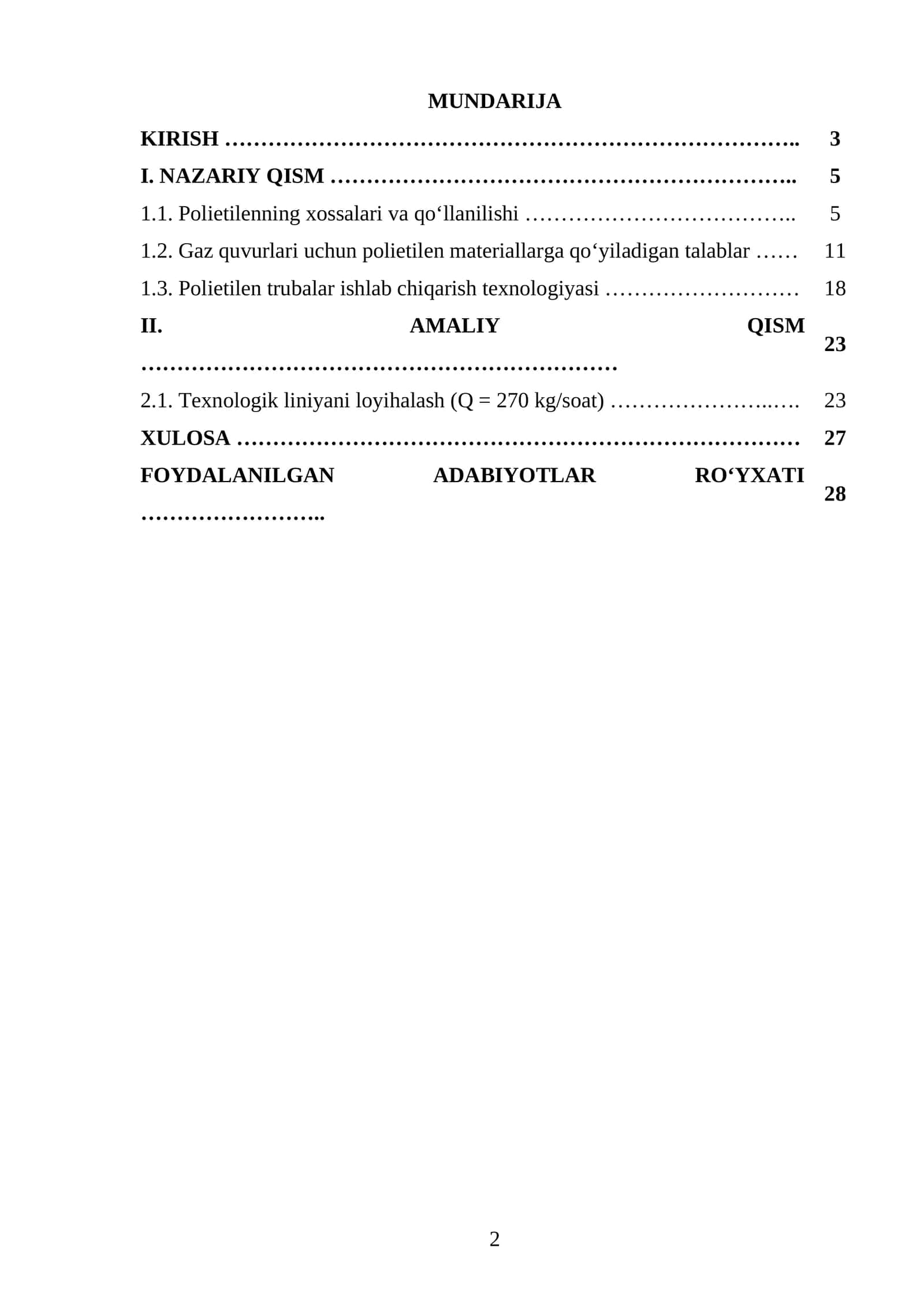 Markasi P-Y337 boʻlgan PE dan gaz uchun moʻljallangan truba chiqarish texnologik liniyasini loyihalash. Q=270 kg/soat 1