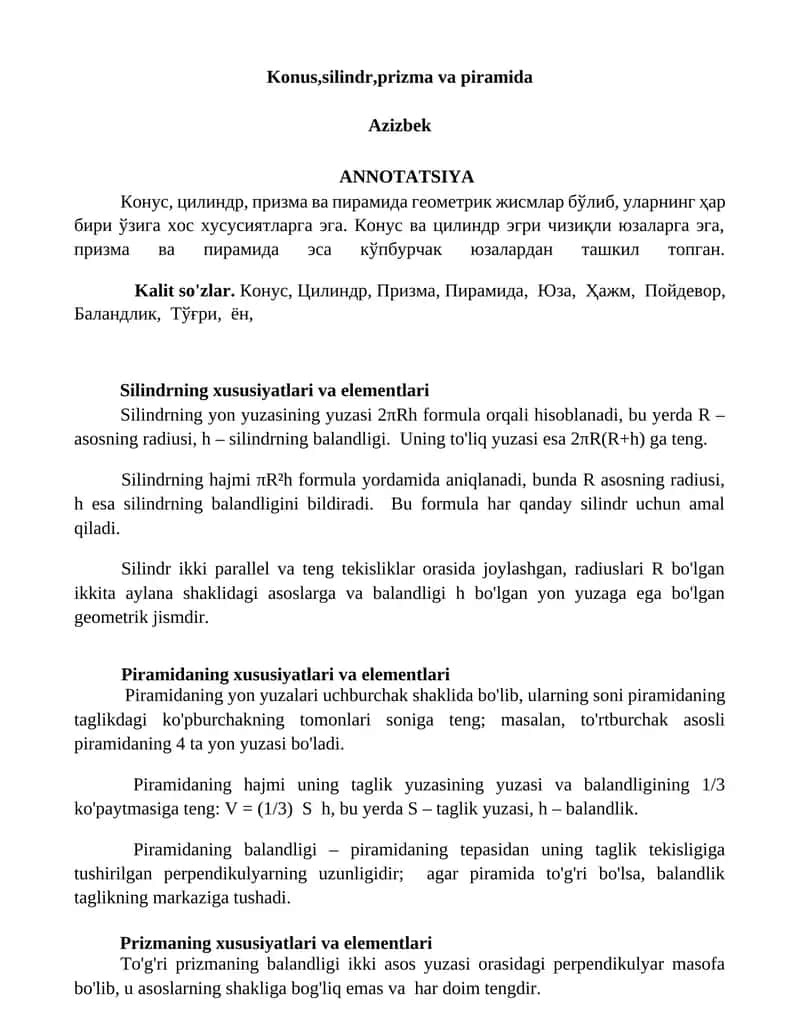Konus, Silindr, Prizma va Piramida 1