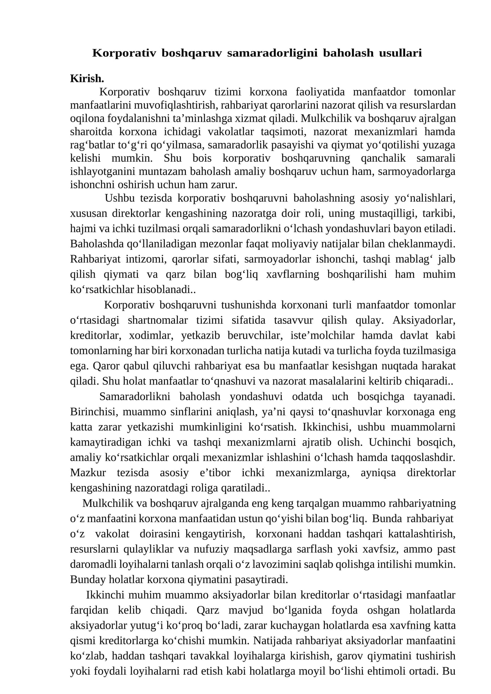 Korporativ boshqaruv samaradorligini baholash usullari 1