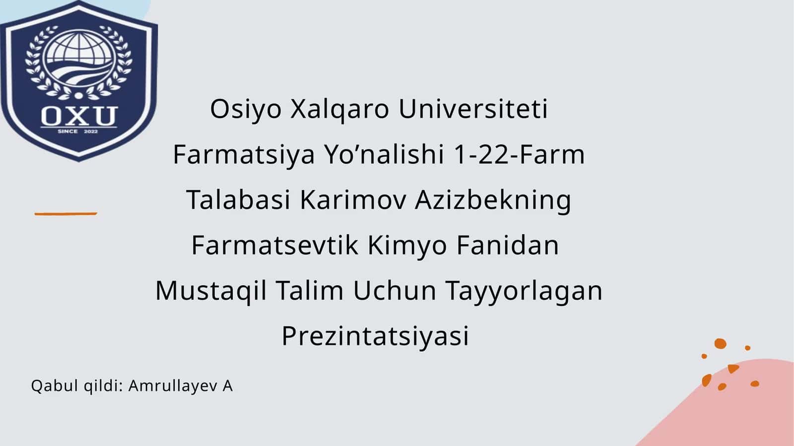 Farmatsevtik Kimyo Fanidan Mustaqil Talim Uchun Tayyorlagan Prezintatsiyasi 1