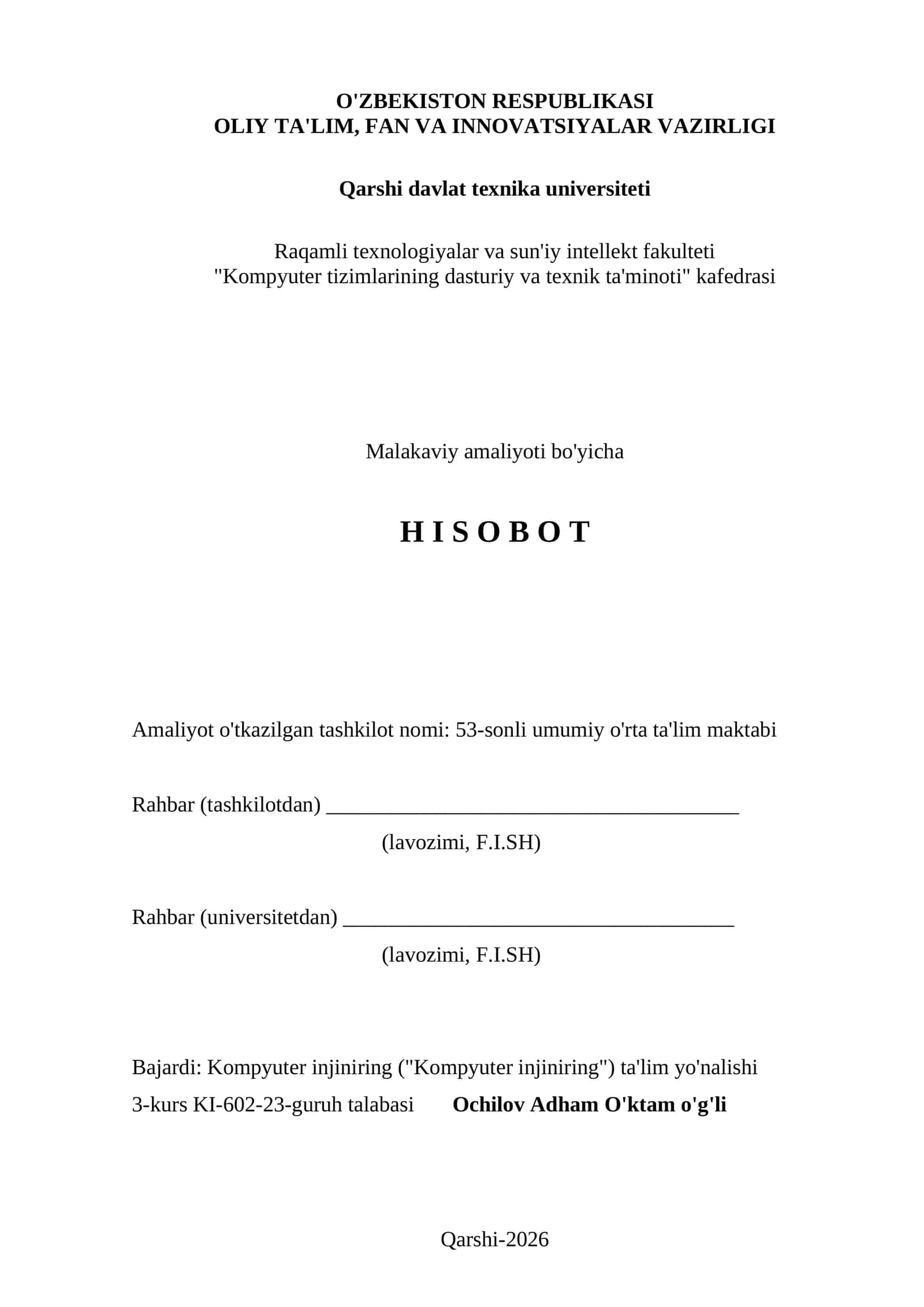 Kompyuter injiniring ('Kompyuter injiniring') ta'lim yo'nalishi 3-kurs talabasi 1