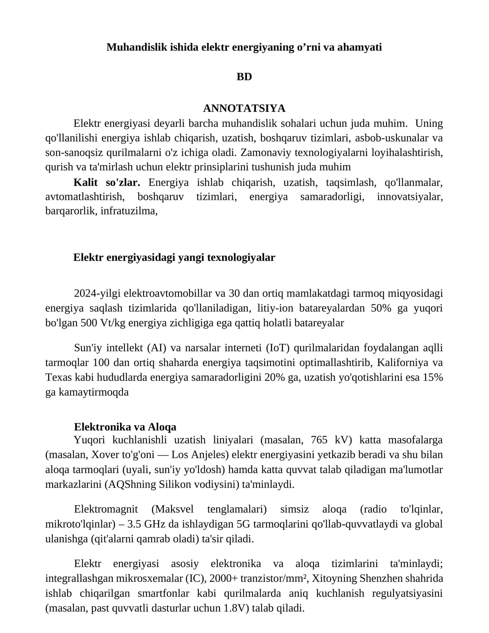 Elektr energiyaning oʼrni va ahamyati 1