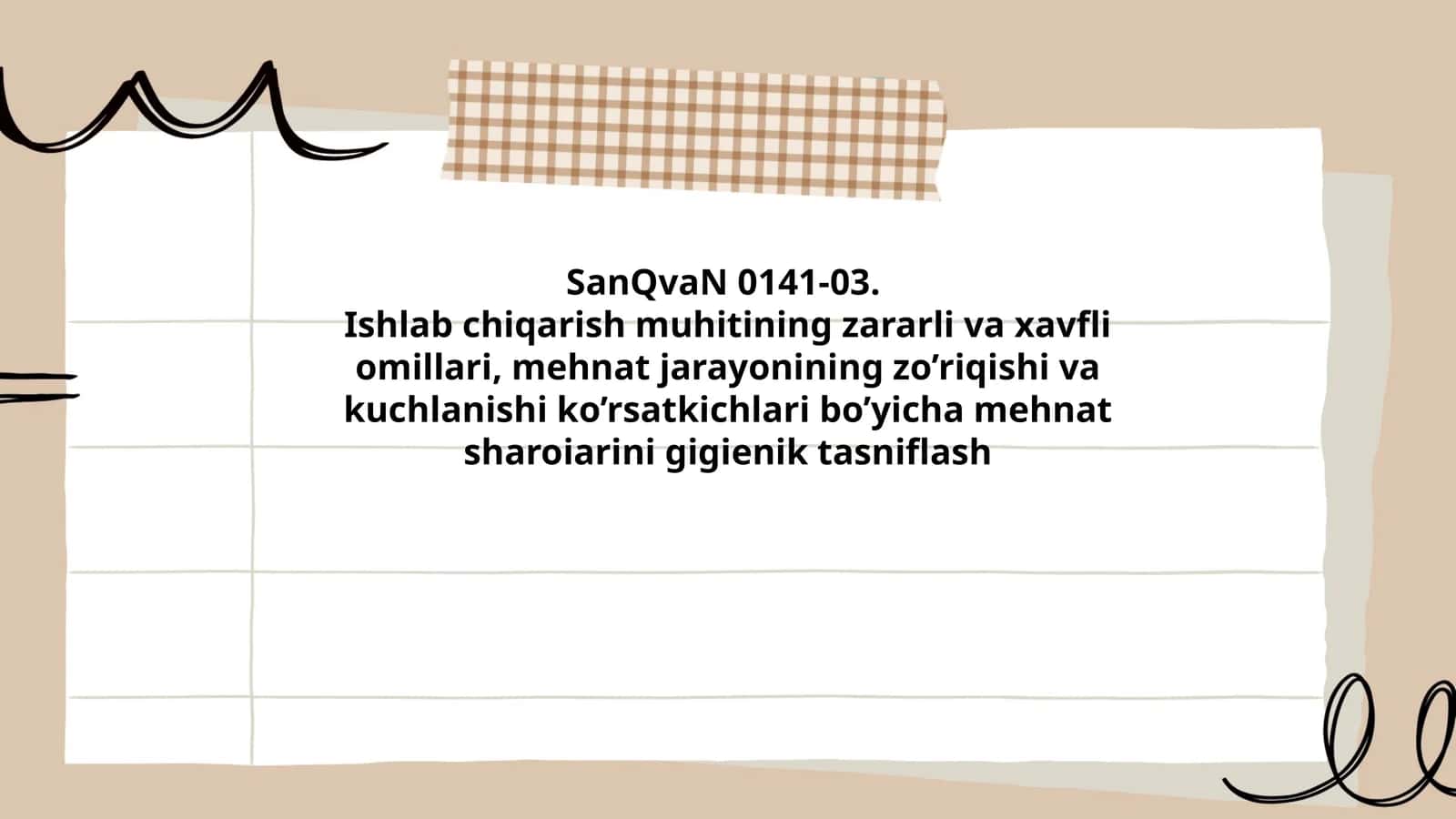 Ishlab chiqarish muhitining zararli va xavfli omillari, mehnat jarayonining zo’riqishi va kuchlanishi ko’rsatkichlari bo’yicha mehnat sharoiarini gigienik tasniflash 1