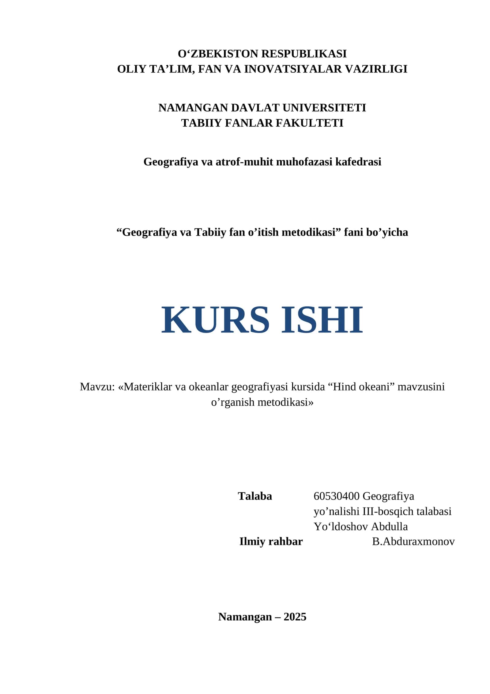 Materiklar va okeanlar geografiyasi kursida “Hind okeani” mavzusini o’rganish metodikasi 1