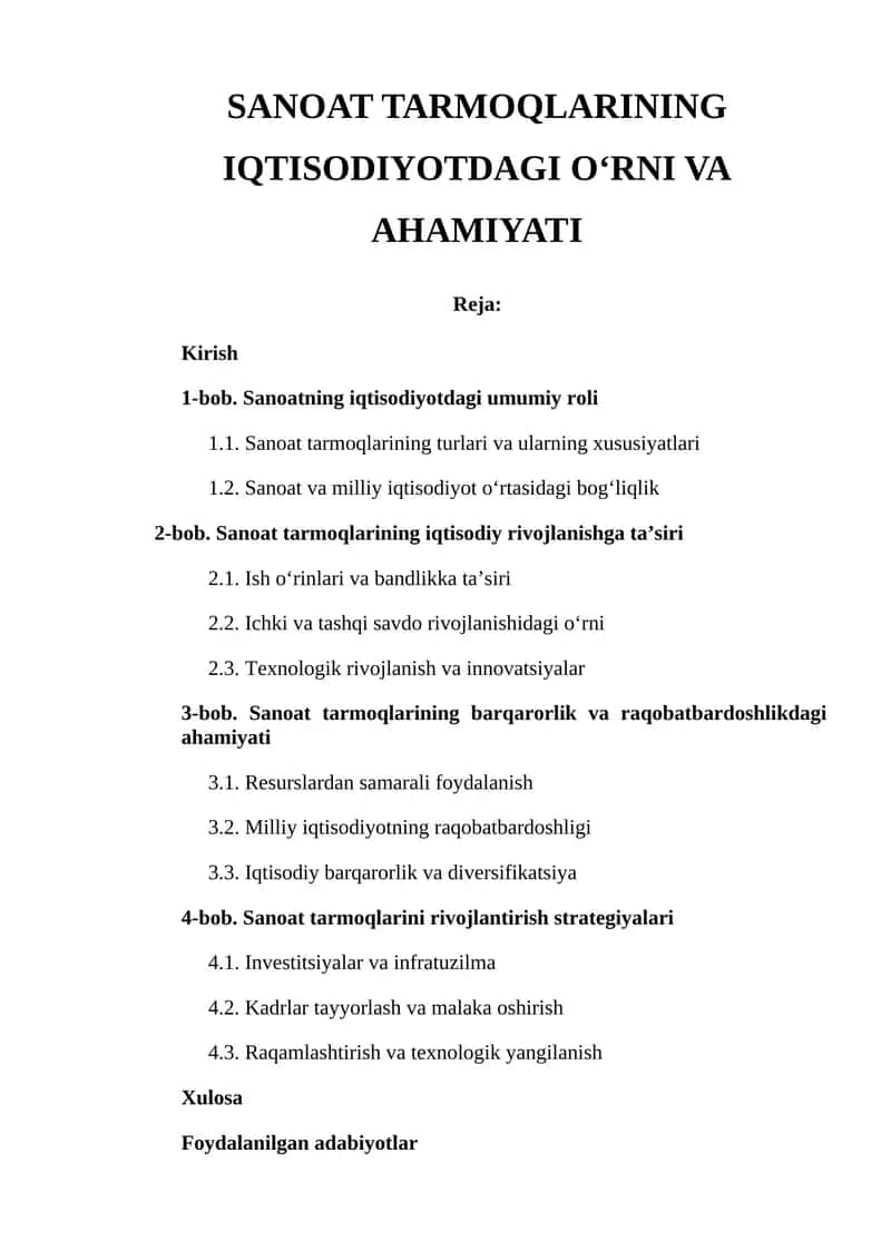 SANOAT TARMOQLARINING IQTISODIYOTDAGI O‘RNI VA AHAMIYATI 1