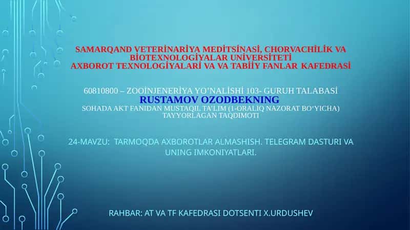 Zooinjeneriya yo’nalishi Mustaqil ta’lim 1