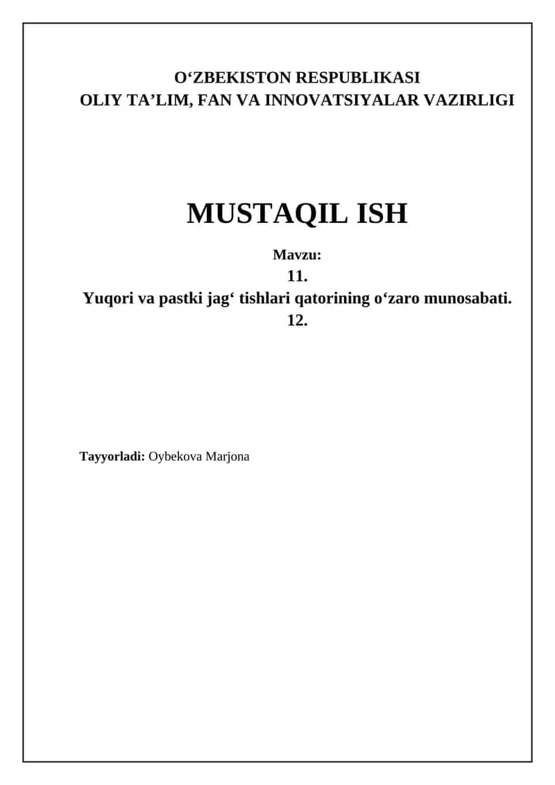 Yuqori va pastki tish qatorlari munosabati va okklyuziya tasnifi 1