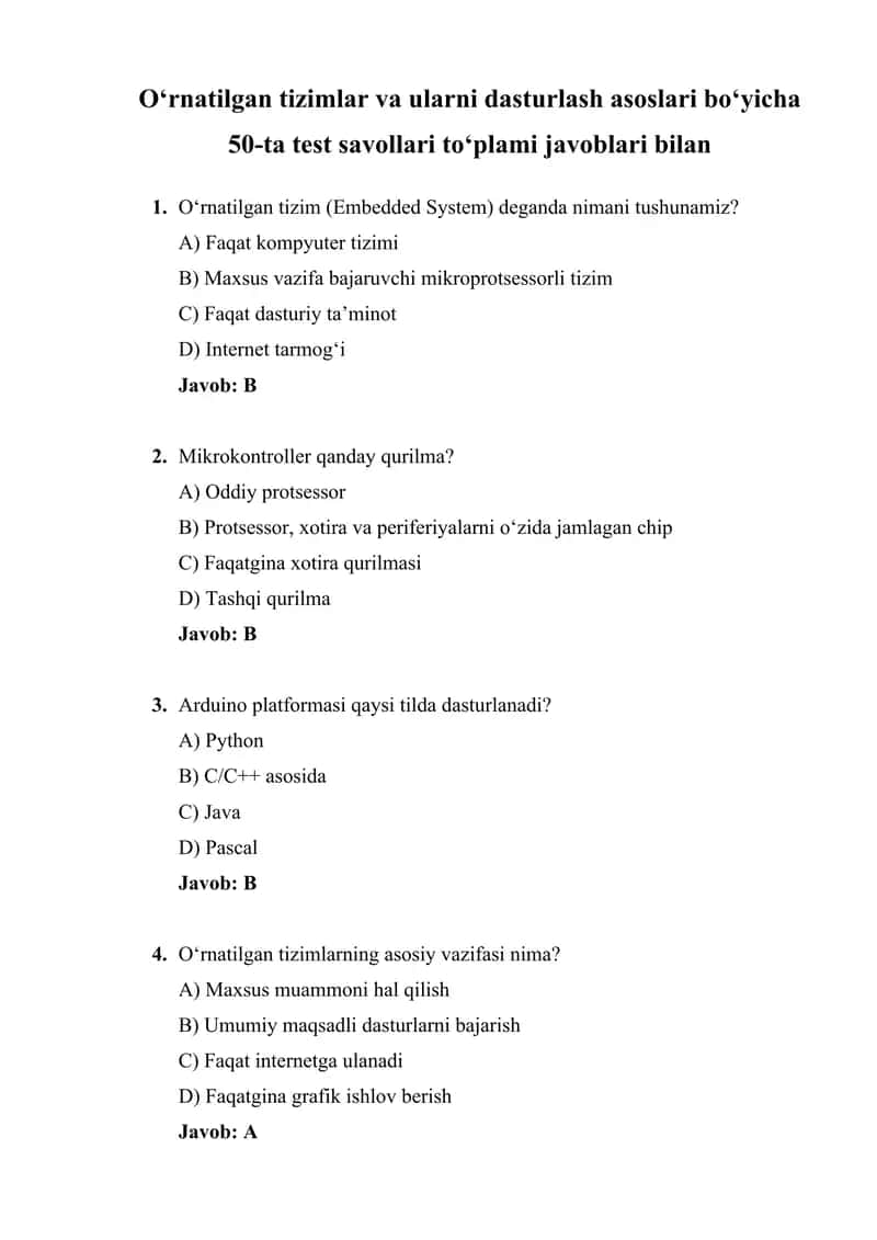 O‘rnatilgan tizimlar va ularni dasturlash asoslari boʻyicha 50-ta test savollari to‘plami javoblari bilan 1