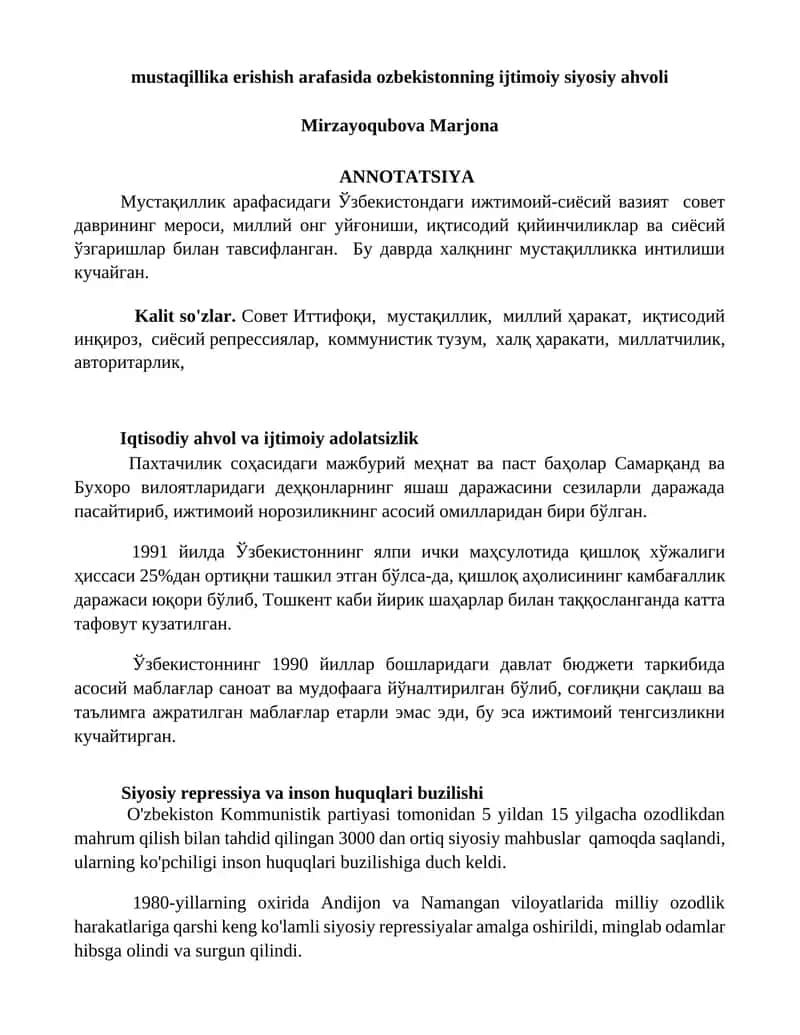 Mustaqillika erishish arafasida O'zbekistonning ijtimoiy siyosiy ahvoli 1
