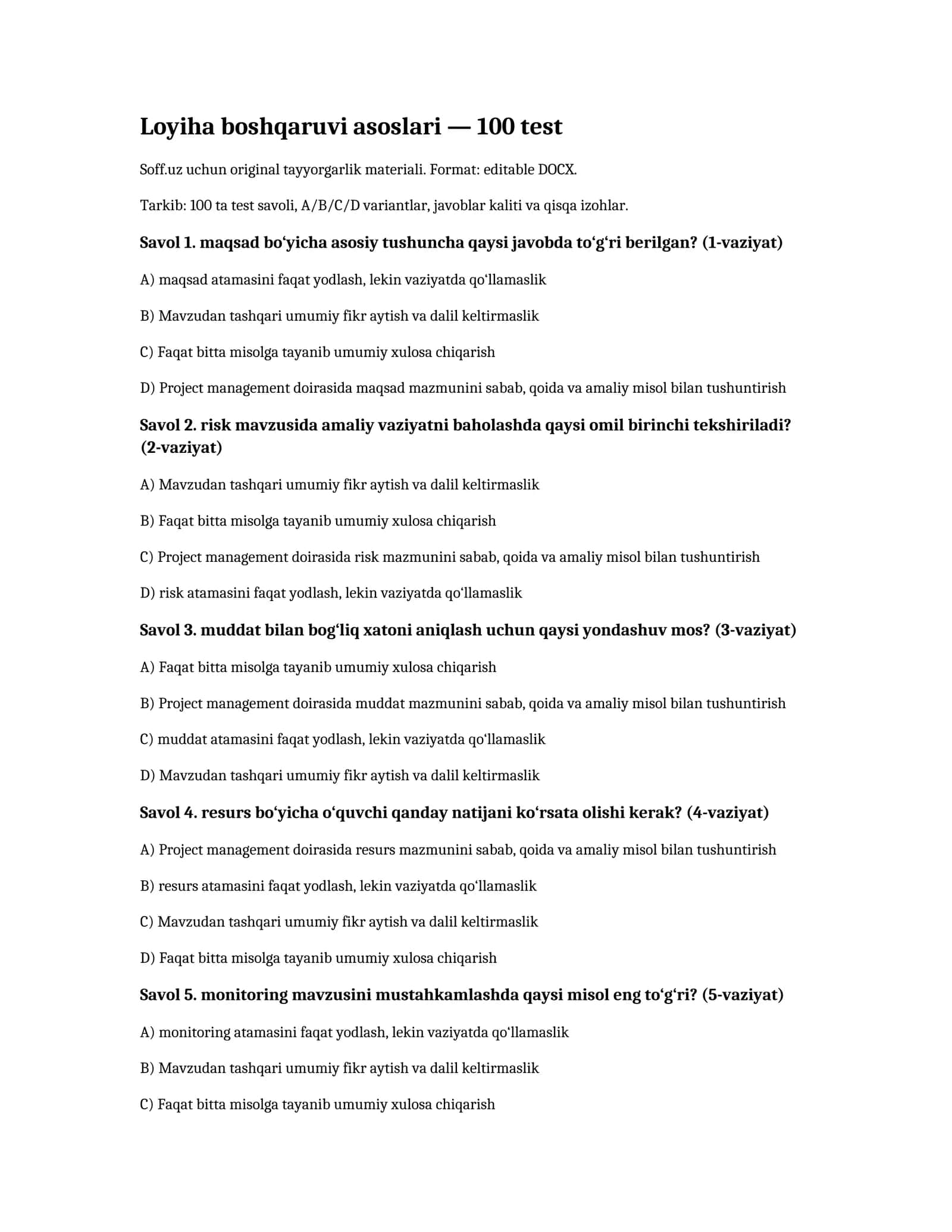Loyiha boshqaruvi asoslari — 100 test 1