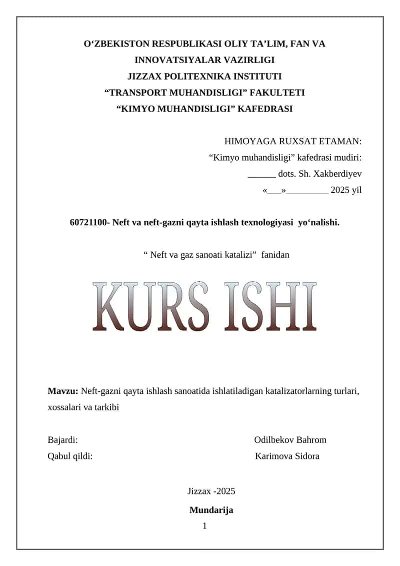 Neft va neft-gazni qayta ishlash texnologiyasi 1