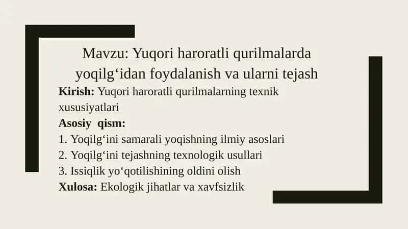 Yuqori haroratli qurilmalarda yoqilgʻidan foydalanish va ularni tejash 1