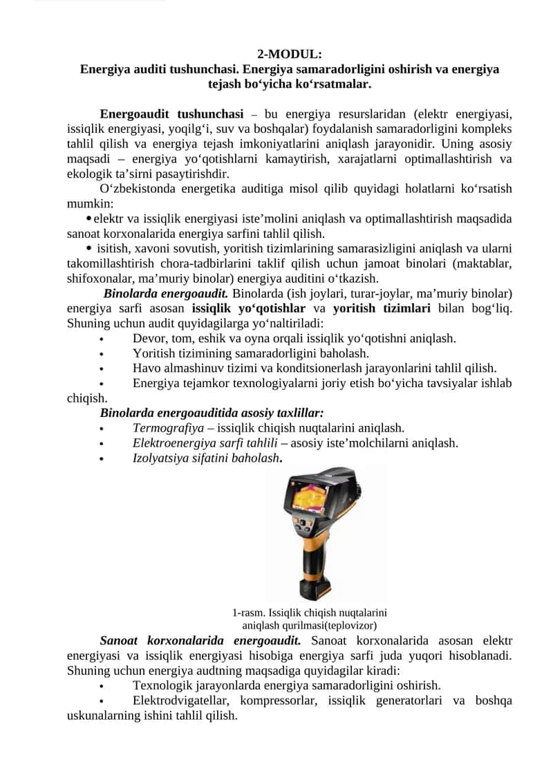 2-MODUL: Energiya auditi tushunchasi. Energiya samaradorligini oshirish va energiya tejash bo‘yicha ko‘rsatmalar. 1