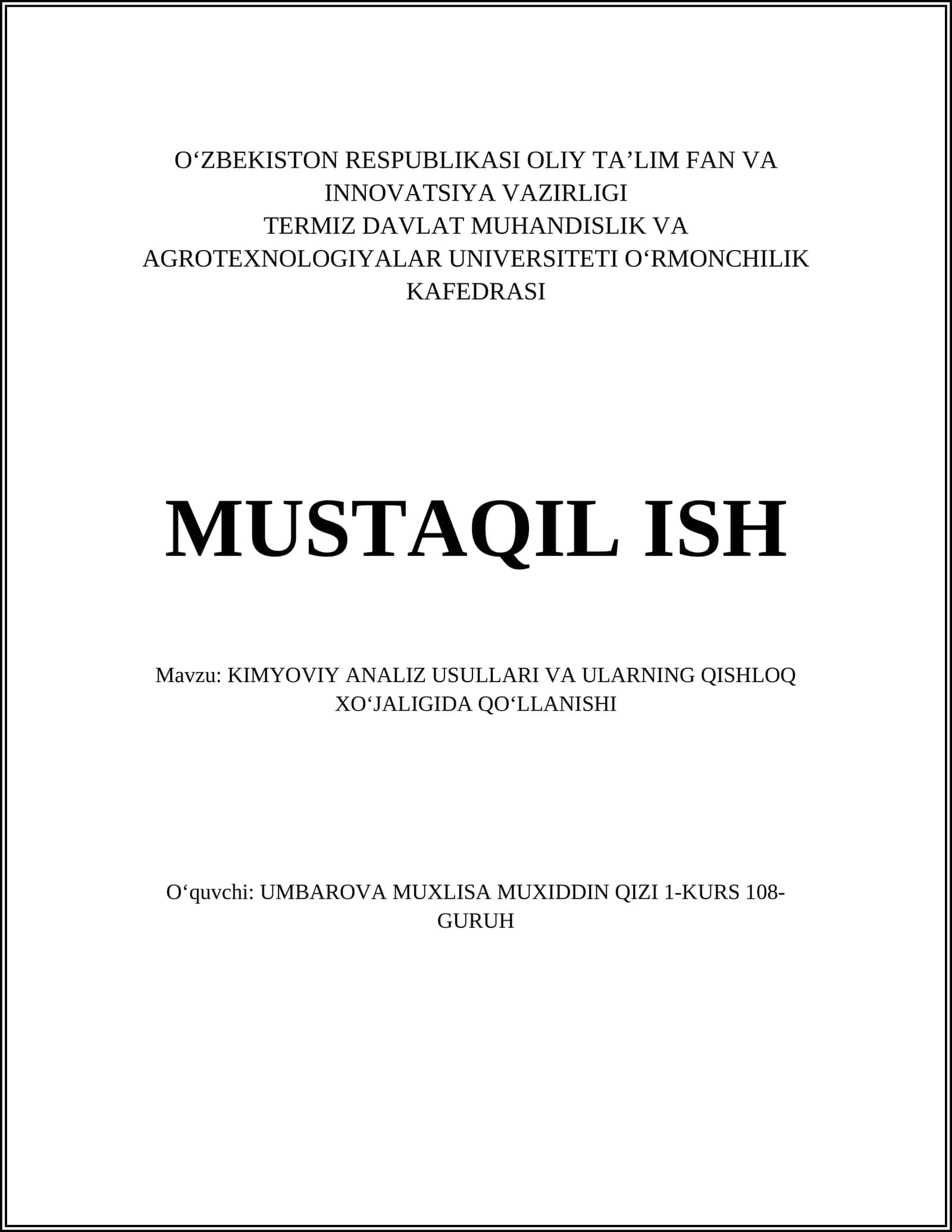 KIMYOVIY ANALIZ USULLARI VA ULARNING QISHLOQ XOʻJALIGIDA QOʻLLANISHI 1