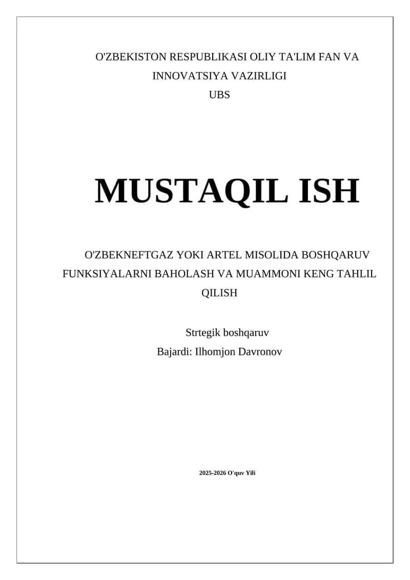 Boshqaruv funksiyalarini baholash va muammoni keng tahlil qilish 1