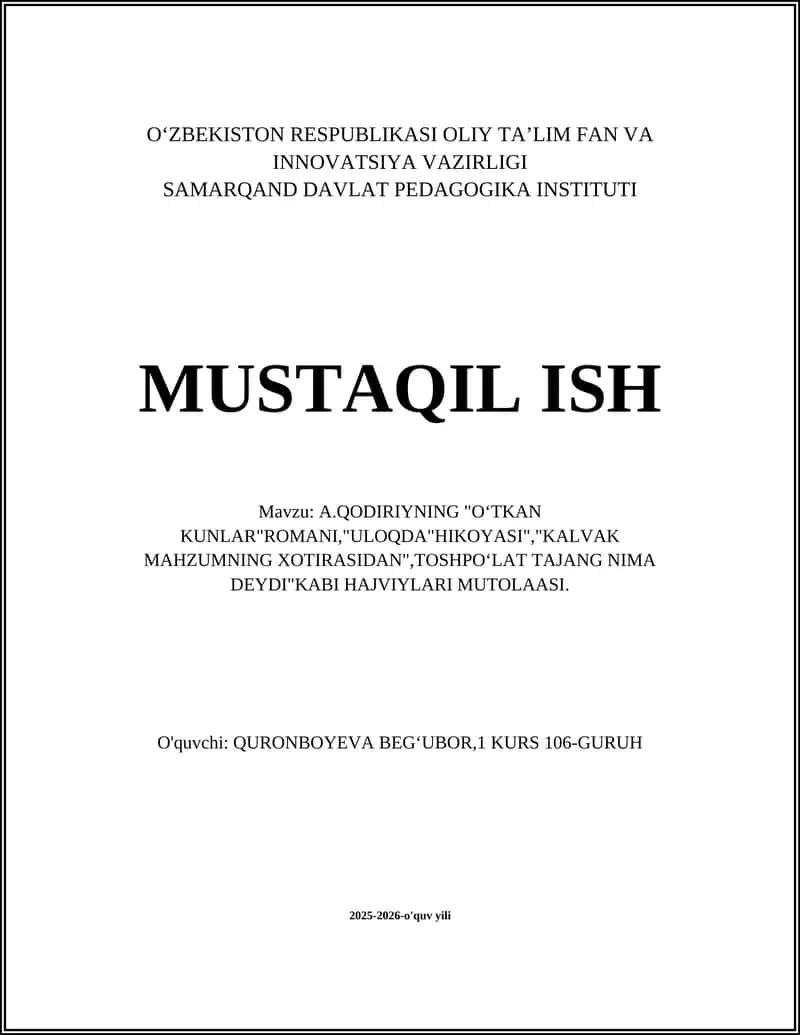 A.Qodiriyning "Oʻtkan Kunlar" Romani Hajviylari Mutolaasi 1