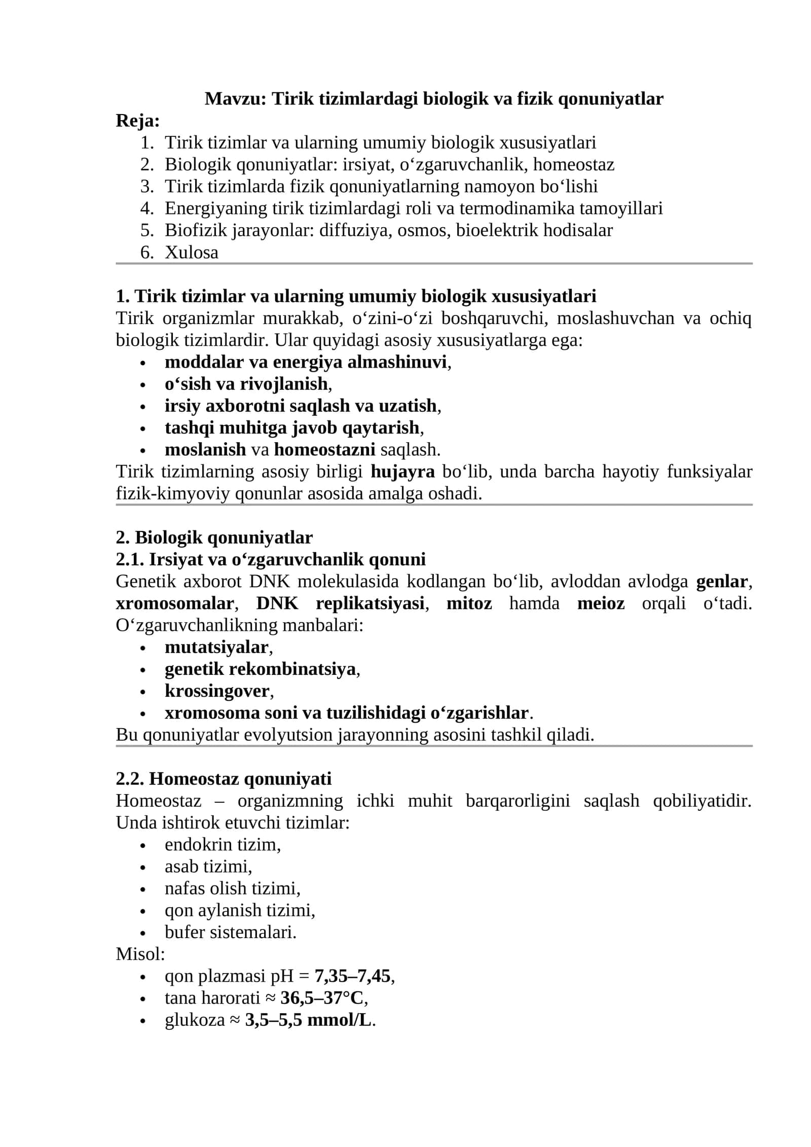 Tirik tizimlardagi biologik va fizik qonuniyatlar 1