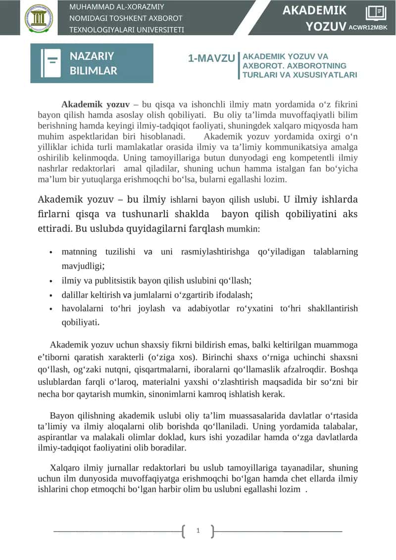 AKADEMIK YOZUV VA AXBOROT. AXBOROTNING TURLARI VA XUSUSIYATLARI 1