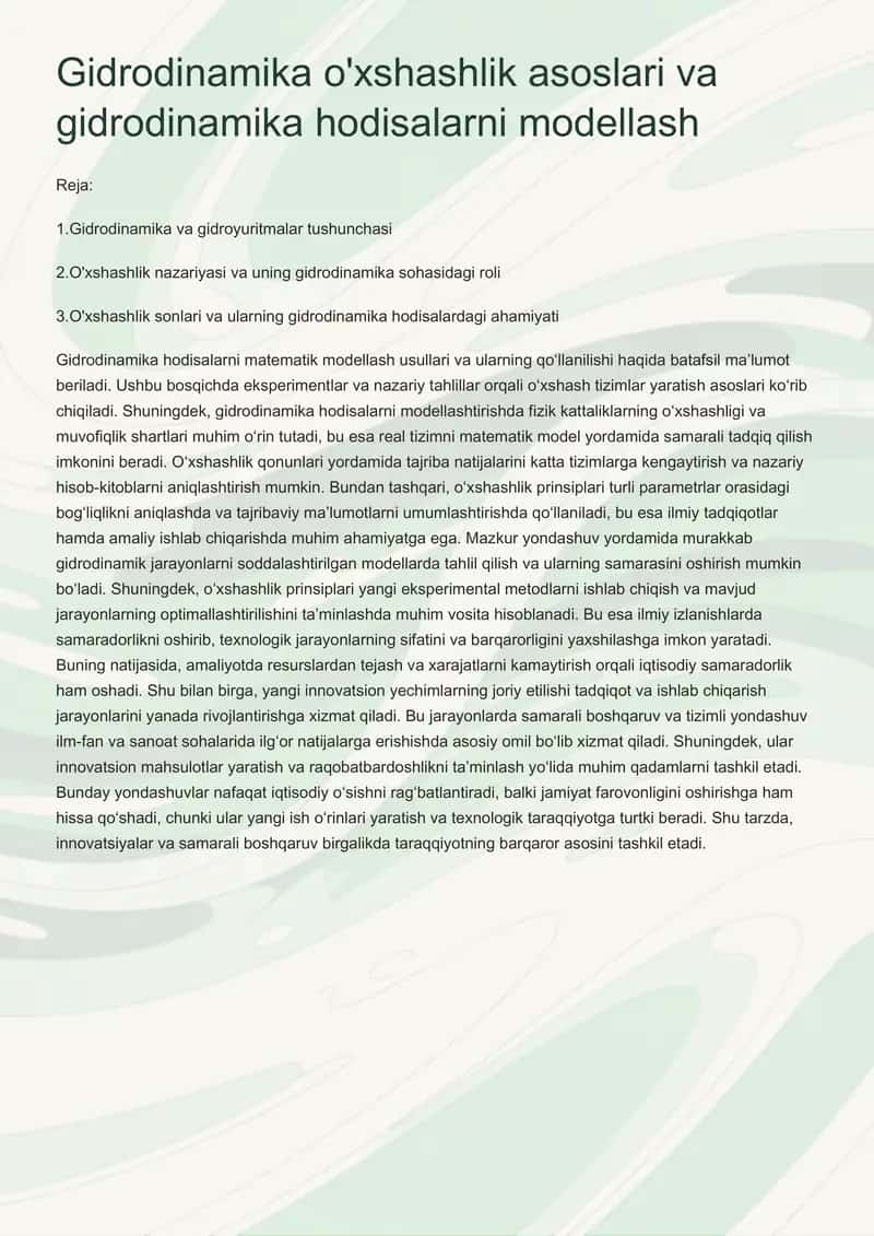 Gidrodinamika o'xshashlik asoslari va gidrodinamika hodisalarni modellash 1