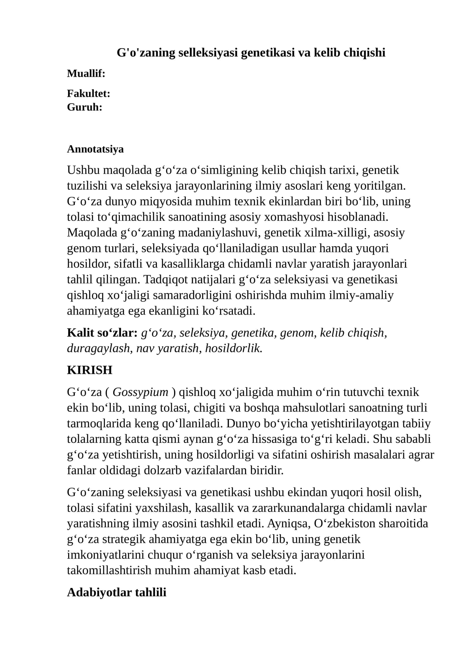 G'o'zaning selleksiyasi genetikasi va kelib chiqishi 1
