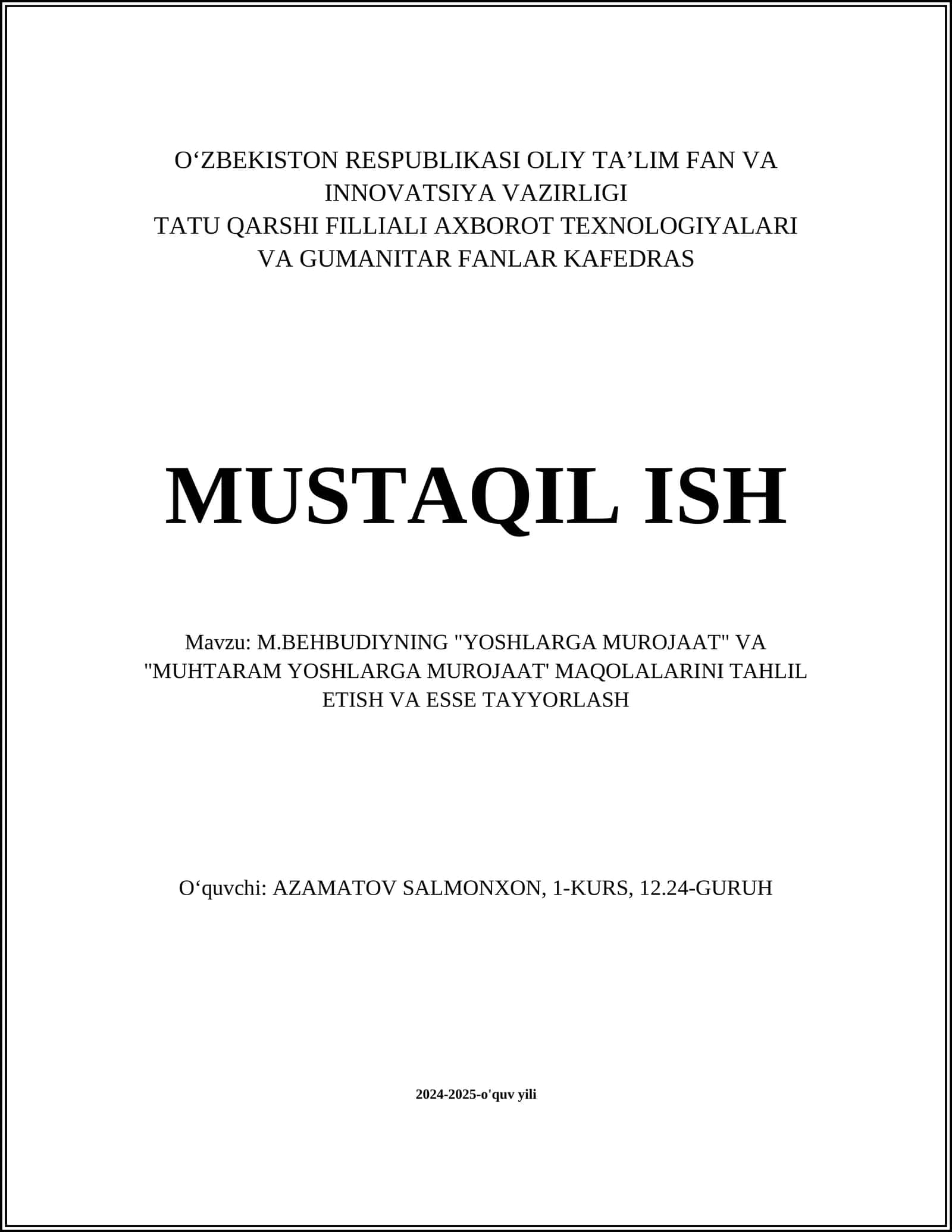 M.BEHBUDIYNING "YOSHLARGA MUROJAAT" VA "MUHTARAM YOSHLARGA MUROJAAT' MAQOLALARINI TAHLIL ETISH VA ESSE TAYYORLASH 1