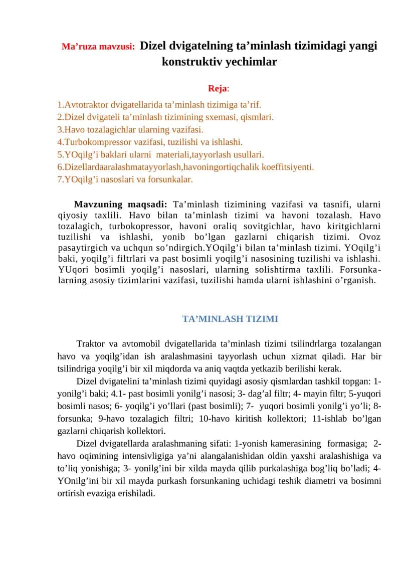 Dizel dvigatellar ta'minlash tizimi 1