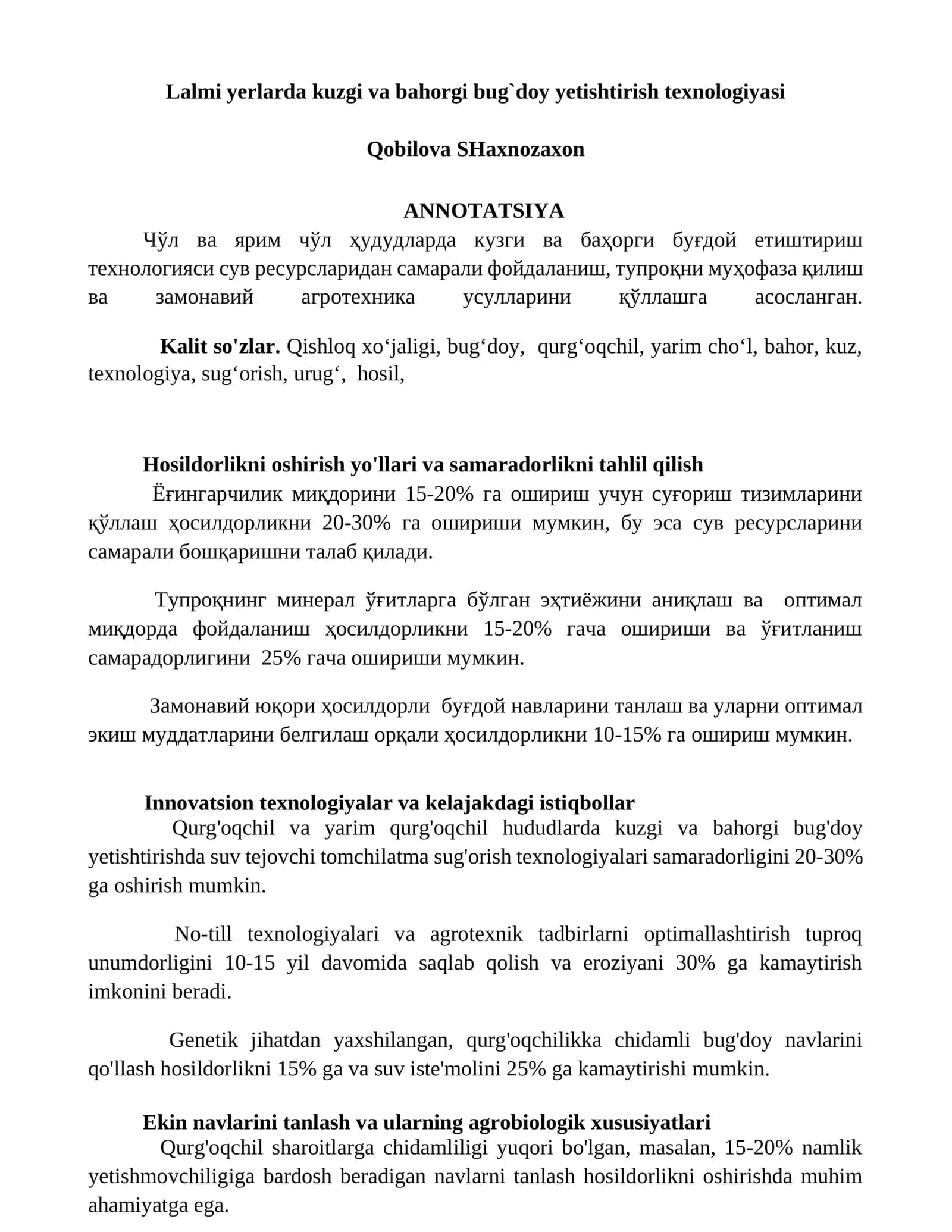 Lalmi yerlarda kuzgi va bahorgi bug`doy yetishtirish texnologiyasi 1