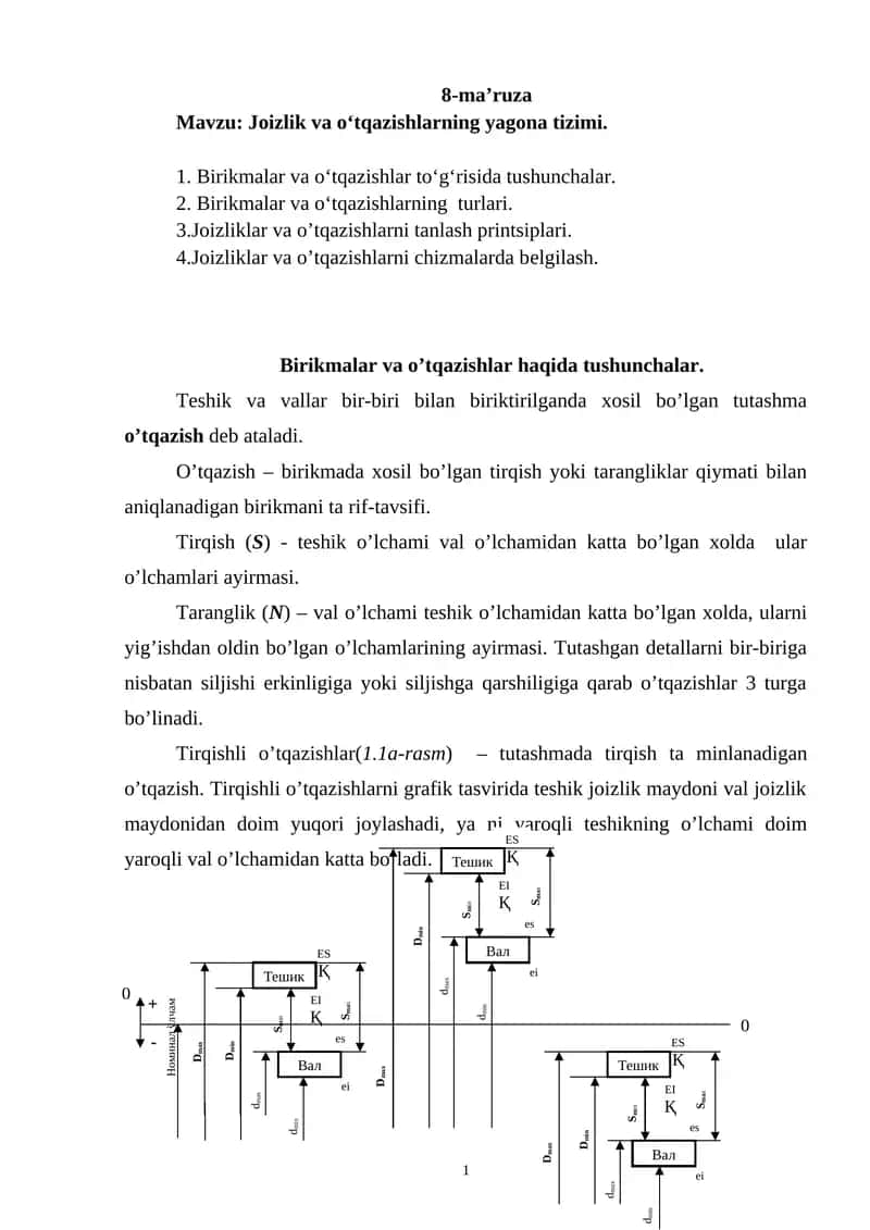 Joizlik va o‘tqazishlarning yagona tizimi 1