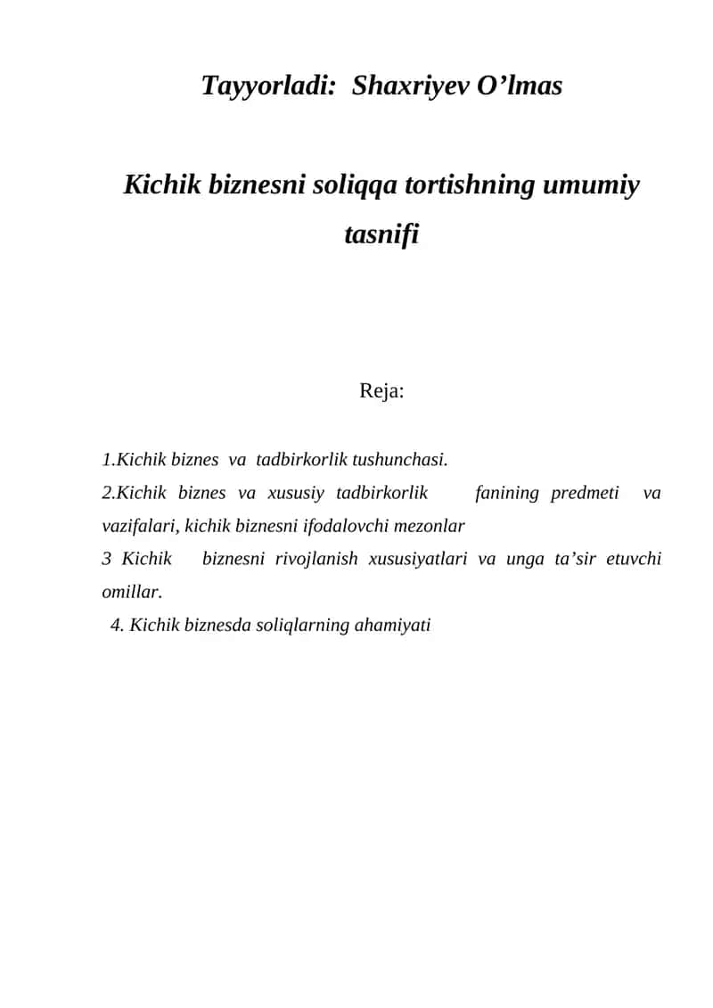 Kichik biznesni soliqqa tortishning umumiy tasnifi 1