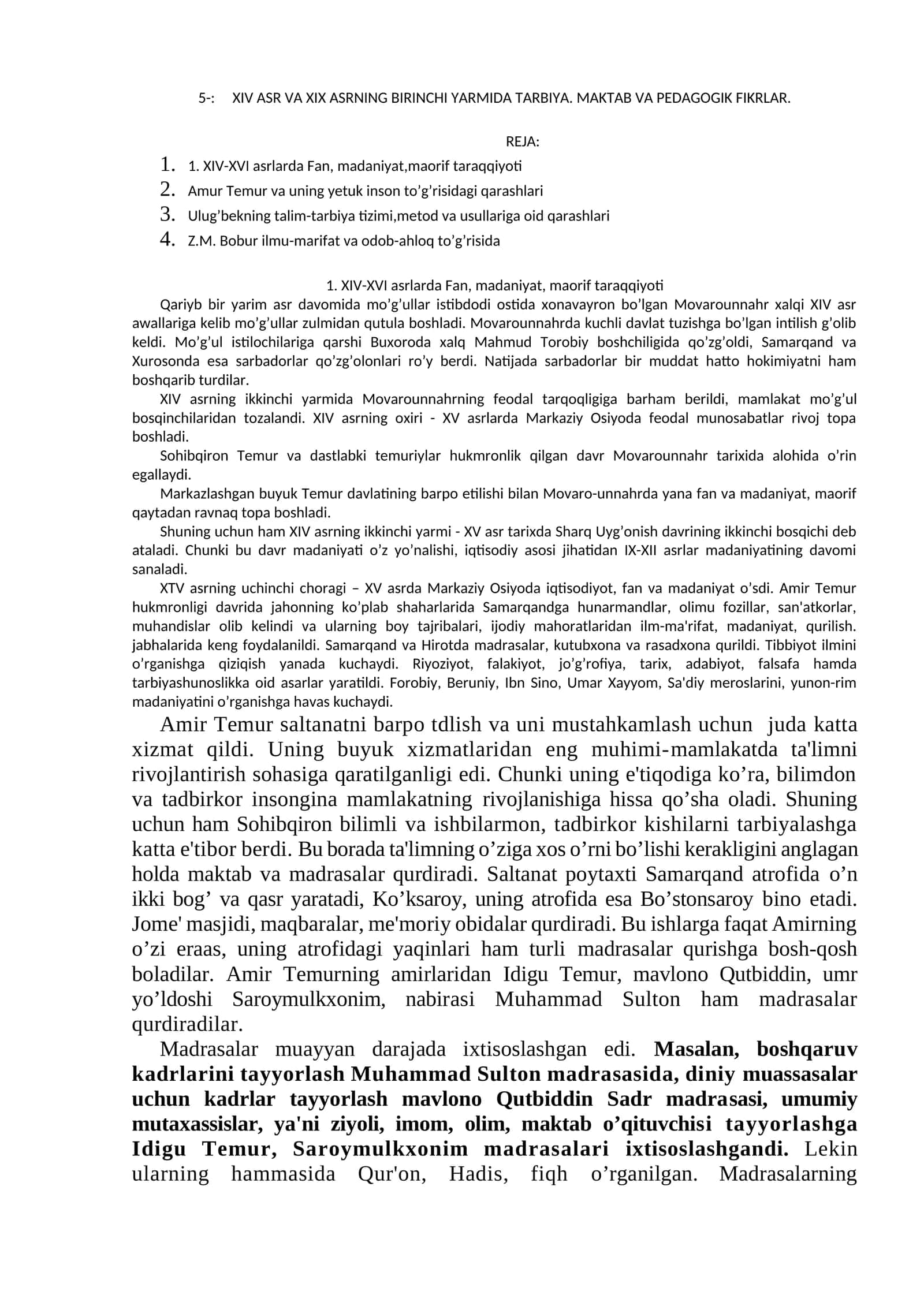 XIV ASR VA XIX ASRNING BIRINCHI YARMIDA TARBIYA. MAKTAB VA PEDAGOGIK FIKRLAR 1