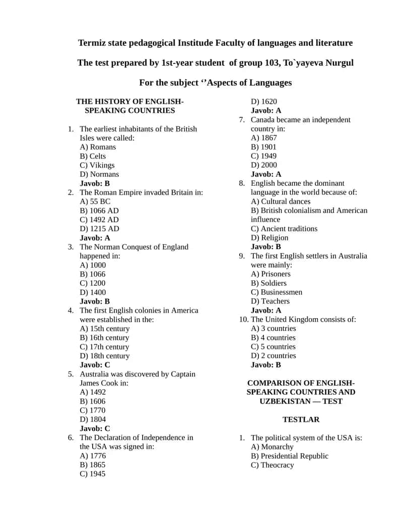 THE HISTORY OF ENGLISH-SPEAKING COUNTRIES TEST 1
