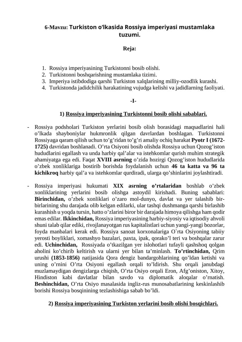 Turkiston o‘lkasida Rossiya imperiyasi mustamlaka tuzumi 1