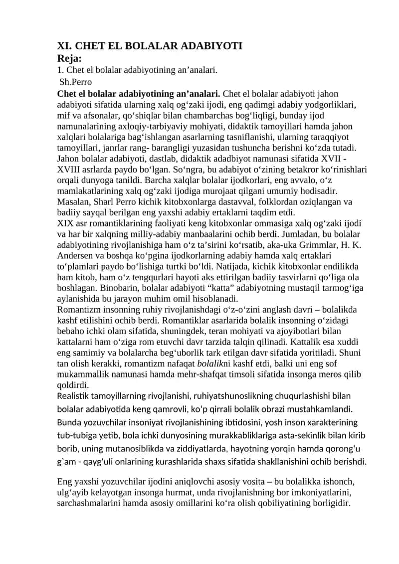 XI. CHET EL BOLALAR ADABIYOTI 1