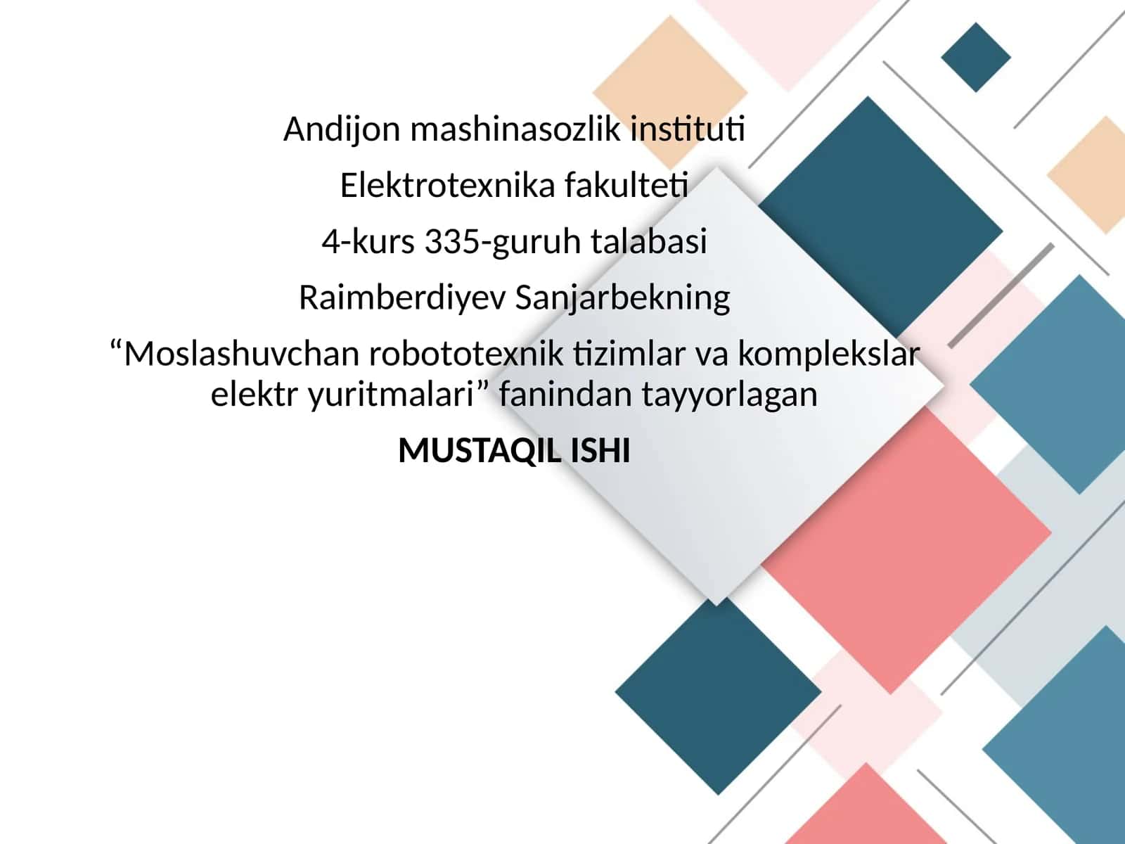 Mavzu: Elektrotexnika fakulteti - Komplekt elektryuritma tizimlari 1