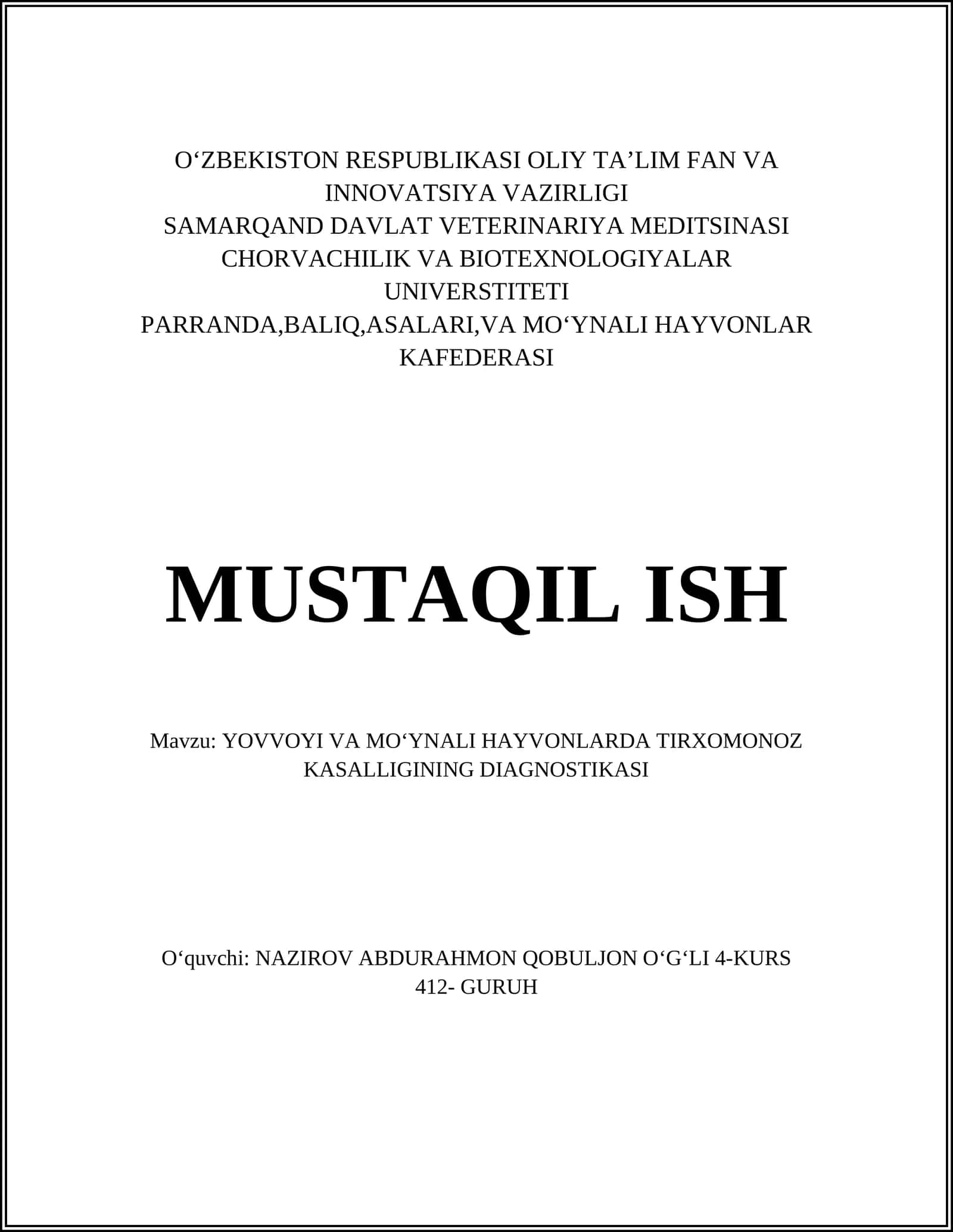 Yovvoyi va moʻynali hayvonlarda tirxomonoz kasalligining diagnostikasi 1