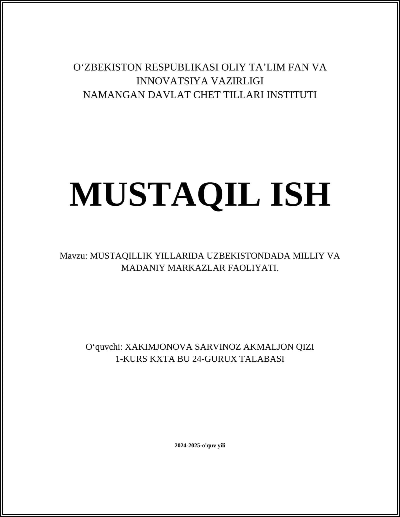 MUSTAQILLIK YILLARIDA UZBEKISTONDADA MILLIY VA MADANIY MARKAZLAR FAOLIYATI 1